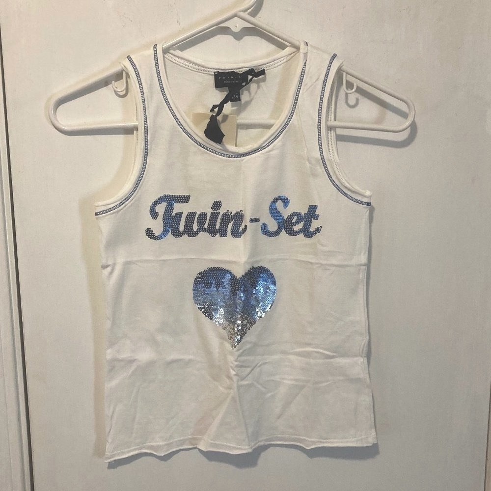 TwinSet junior girls size 8 (8y or 8a) heart embellished blue trim tank top